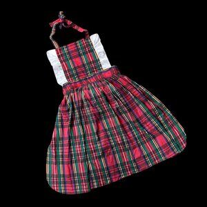 Vintage Full Apron Red Green Plaid 1980s Made In USA Christmas Tie Back Neck
